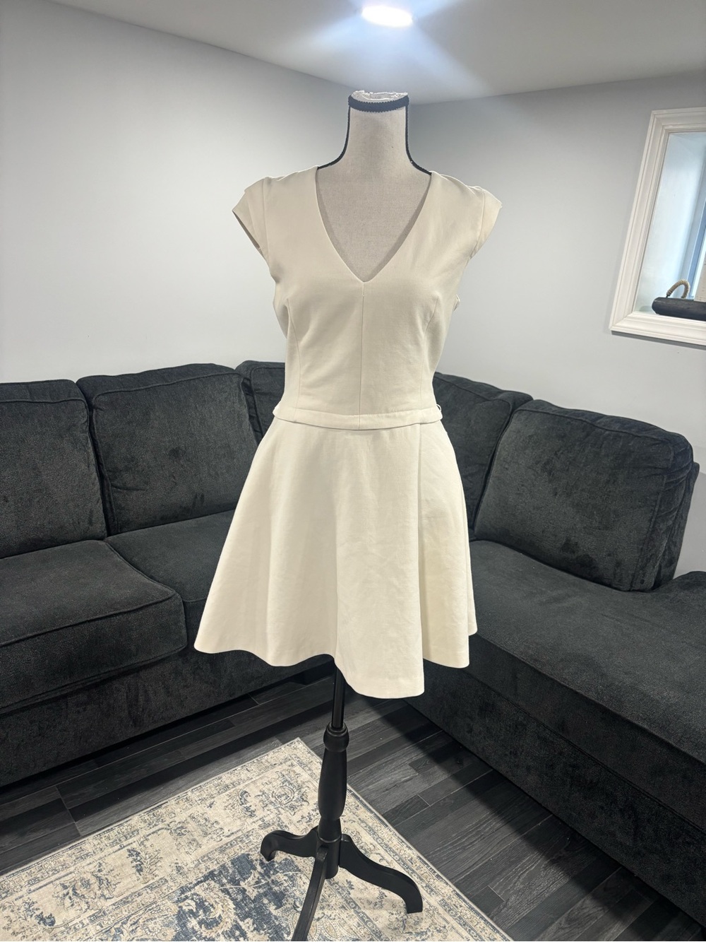 Reiss Cream V-Neck Cap Sleeve Fit-&-Flare Mini Dress With pockets